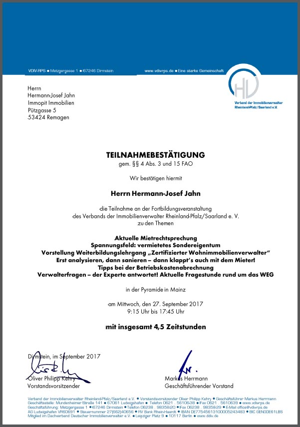 Zertifikat Mietrecht + Sondereigentum 2017 - Immopit Immobilien, Hausverwaltung in Oberwinter, Remagen und Umgebung