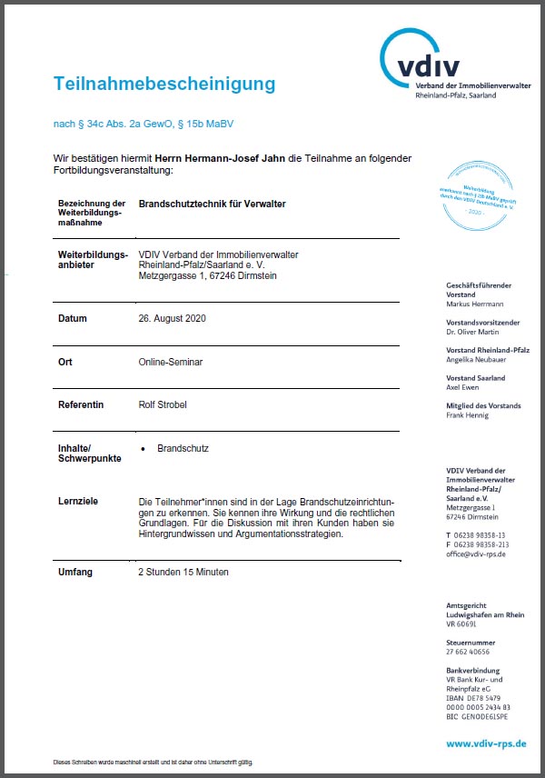 Zertifikat Brandschutztechnik f. Verwalter 2020 - Immopit Immobilien, Hausverwaltung in Oberwinter, Remagen und Umgebung