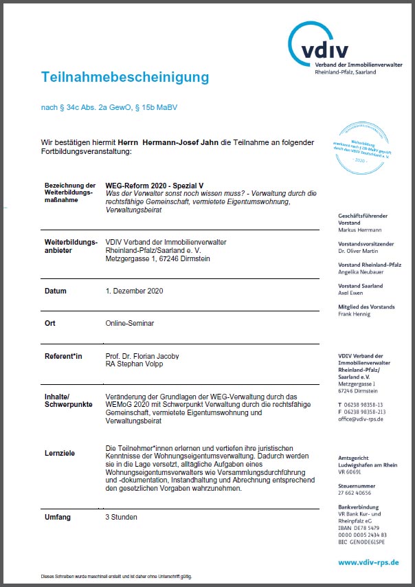 Zertifikat WEG-Reform 2020 - Immopit Immobilien, Hausverwaltung in Oberwinter, Remagen und Umgebung