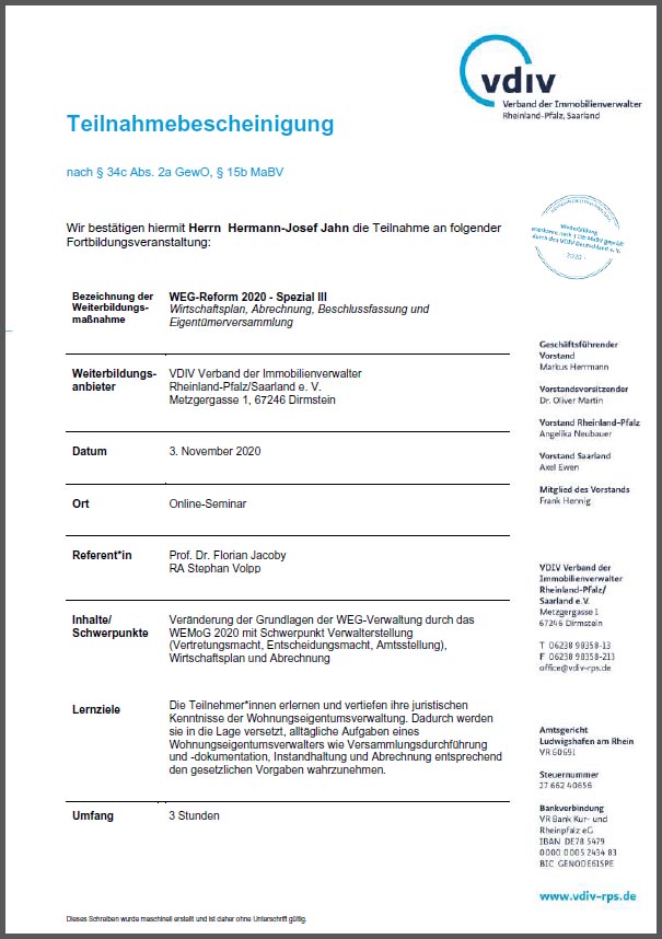 Zertifikat WEG Reform 2020 - Immopit Immobilien, Hausverwaltung in Oberwinter, Remagen und Umgebung