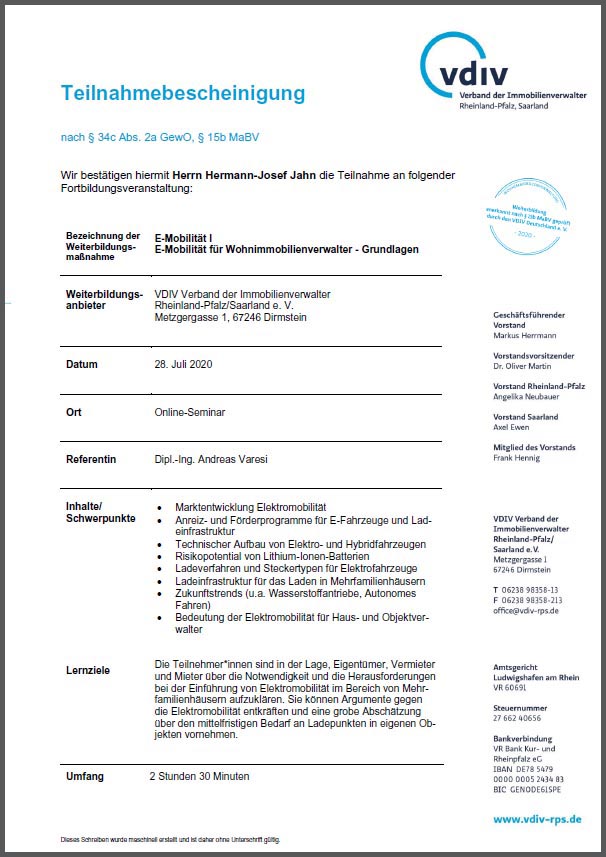 Zertifikat E-Mobilität I - Immopit Hausverwaltung in Oberwinter, Remagen und Umgebung